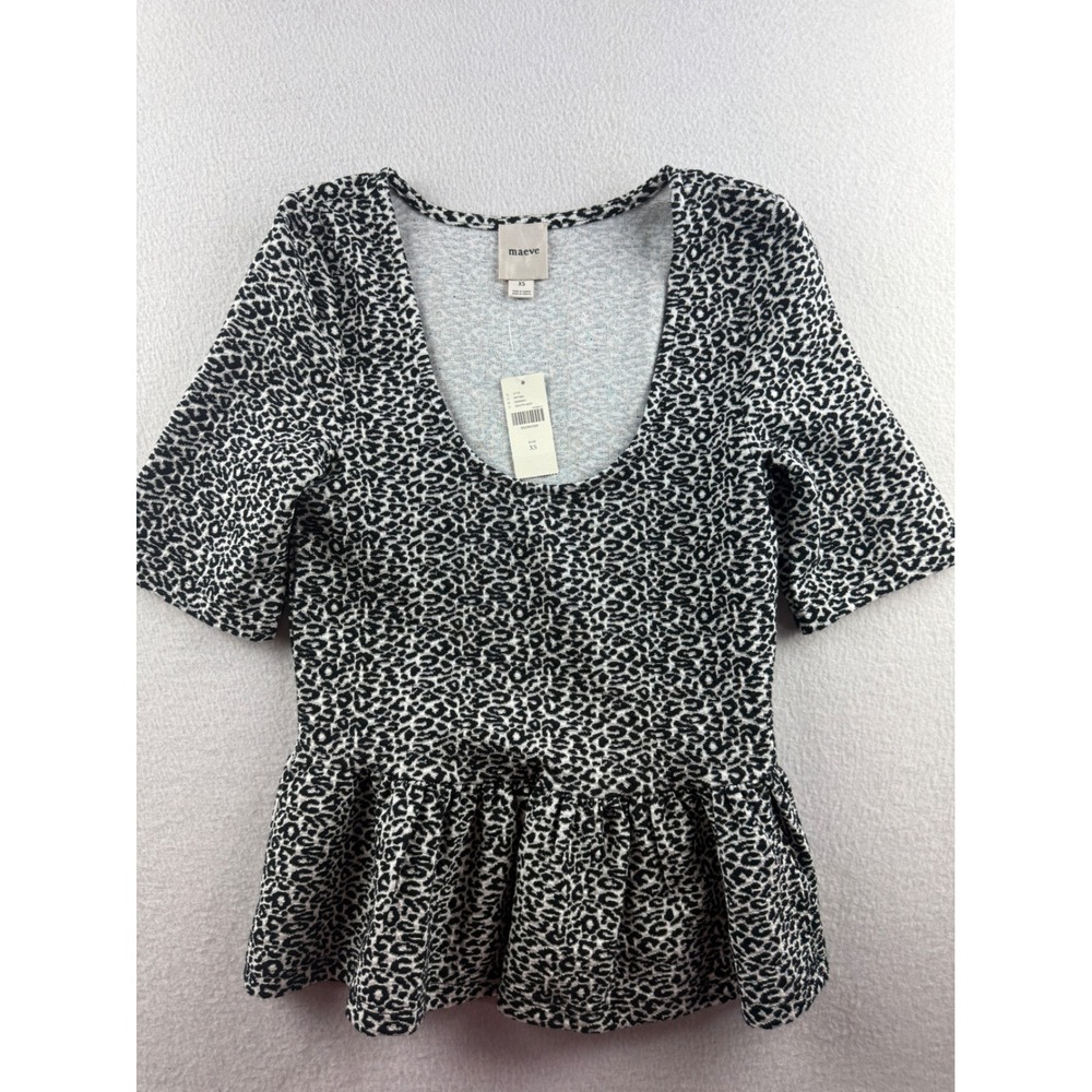 Maeve‎ Anthropologie Leopard Print Peplum Top Black White Scoop Neck XS NEW